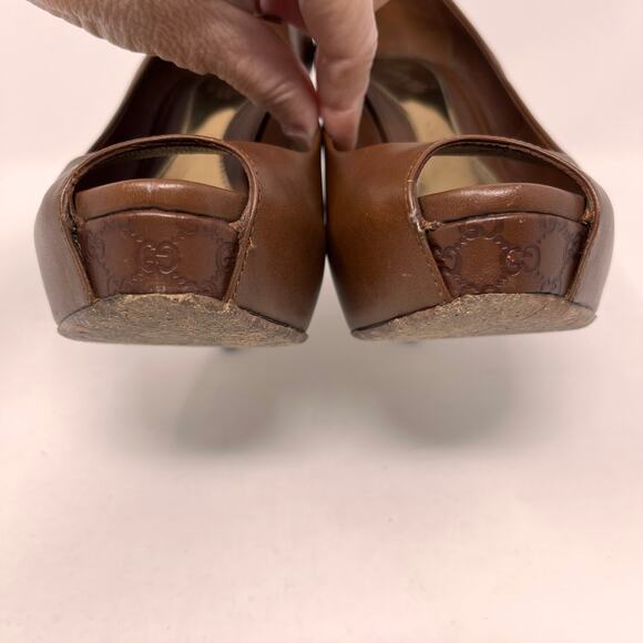 Gucci Womens 36 Chocolate Brown Leather Sofia Platform Stiletto Peep Toe Heels - Picture 5 of 16